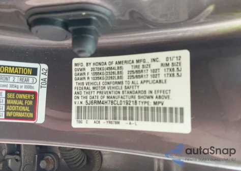 2012 Honda Cr-V Ex-L from USA, damaged, VIN 5J6RM4H78CL019218
